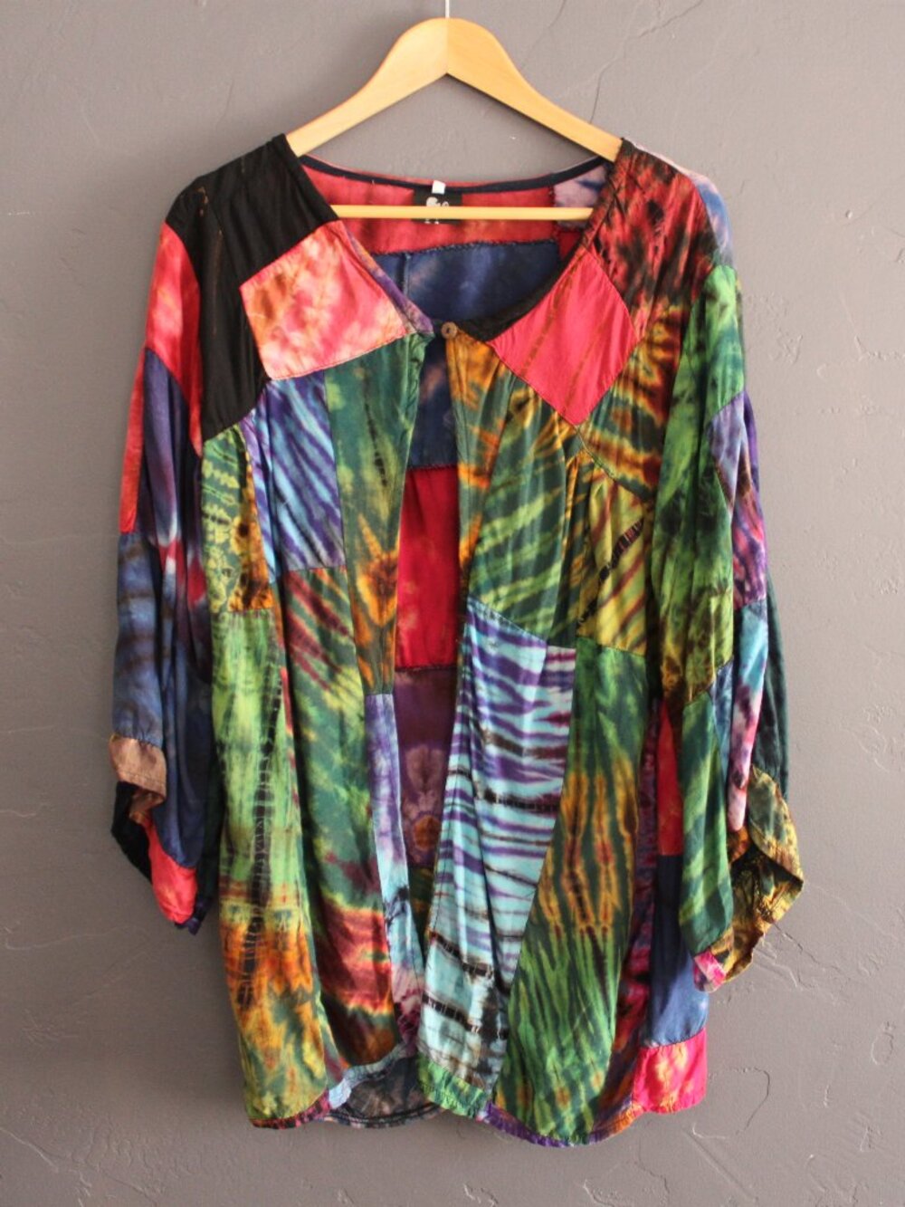 VINTAGE Tie Dye Patchwork Open Front Boho Overshirt